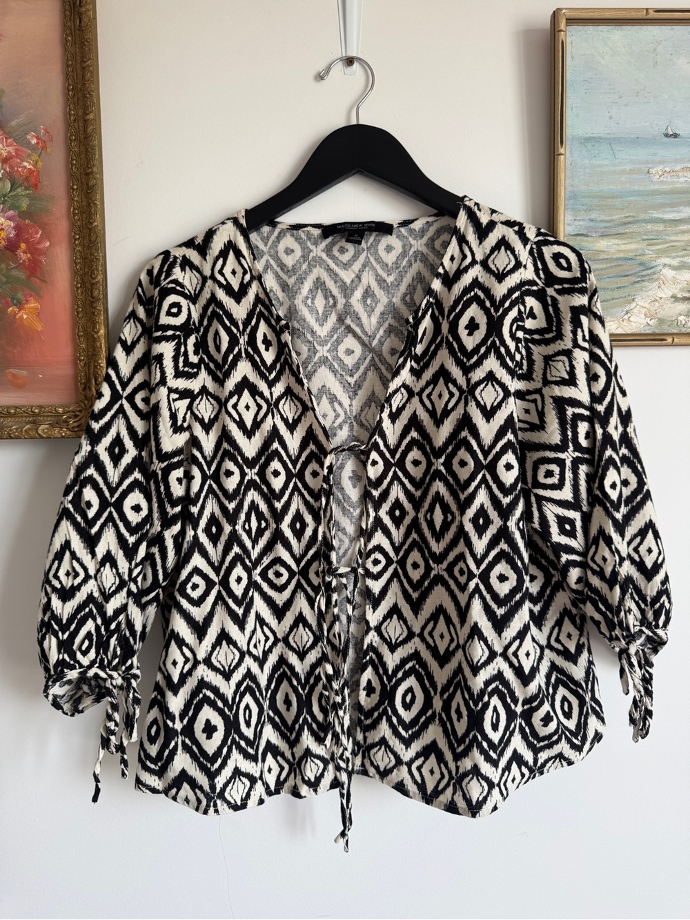 Linen Blend Black & White Geometric Tie-Front Tunic